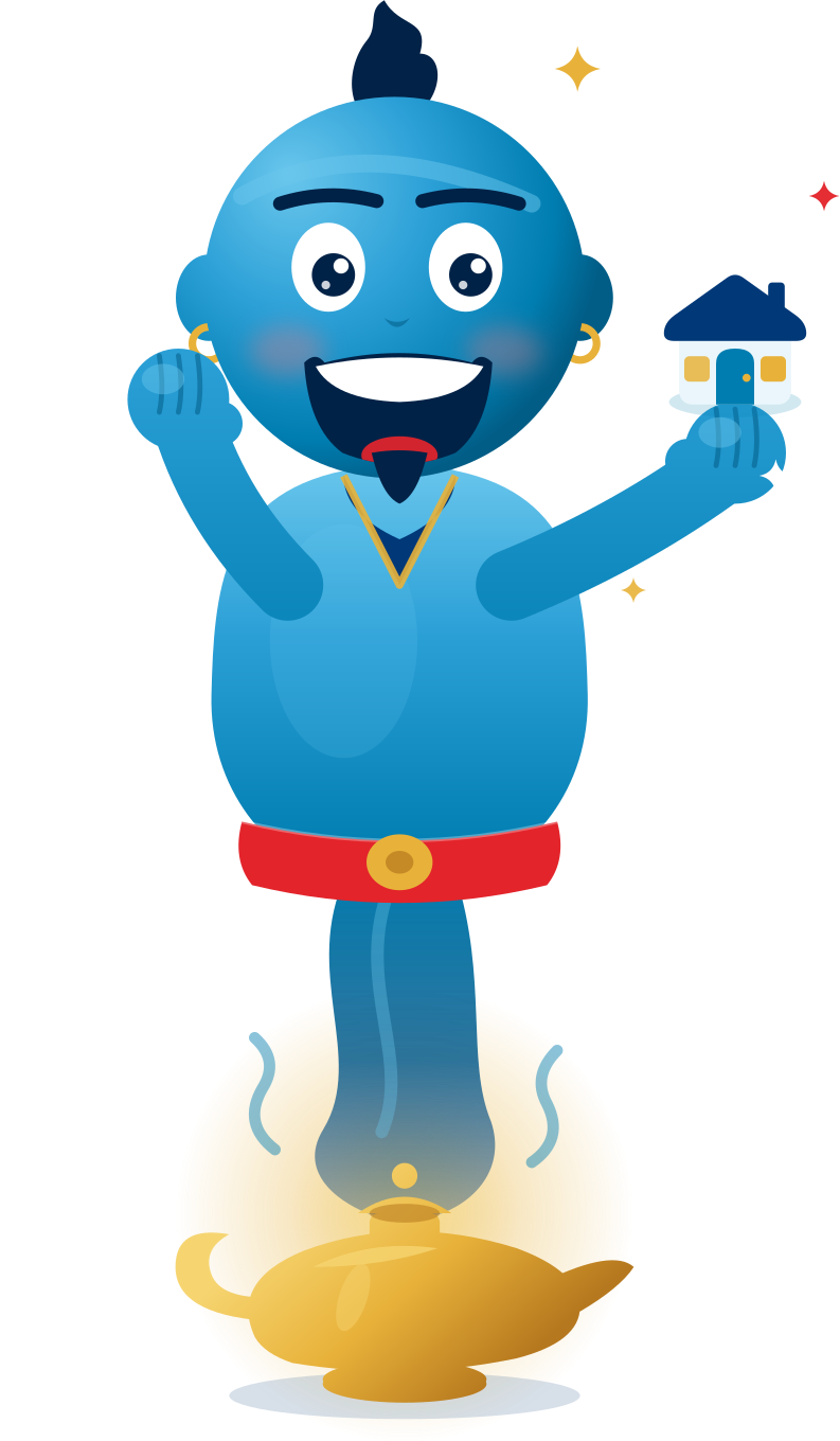 Wishlight, the Home Buying Genie mascot, holding a house